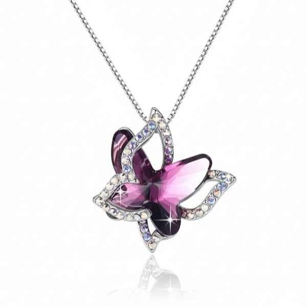 Dazzling Purple Crystal Butterfly Pendant Necklace | Silver Accent
