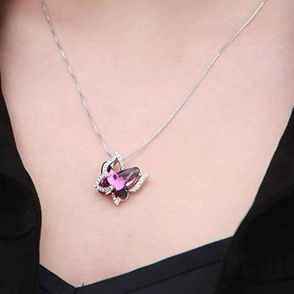 Dazzling Purple Crystal Butterfly Pendant Necklace | Silver Accent