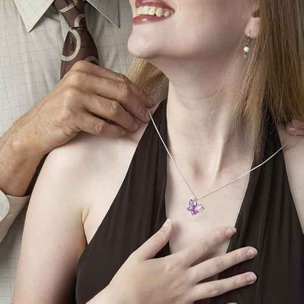 Dazzling Purple Crystal Butterfly Pendant Necklace | Silver Accent