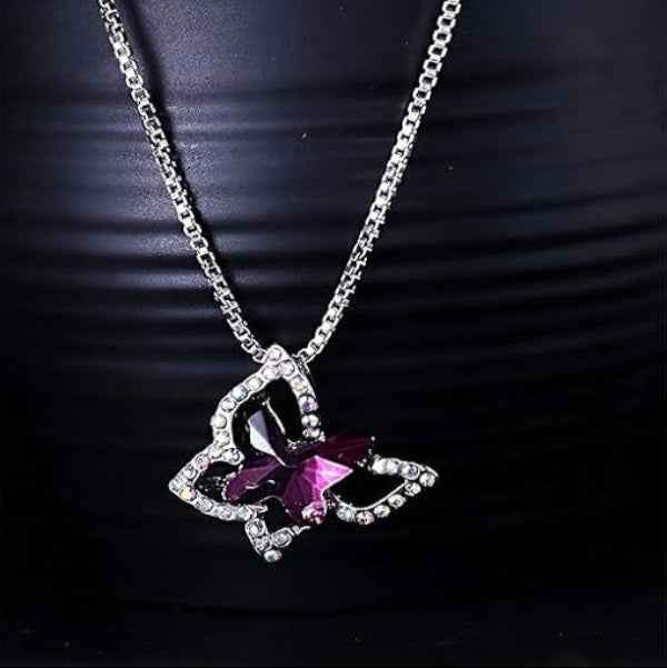 Dazzling Purple Crystal Butterfly Pendant Necklace | Silver Accent
