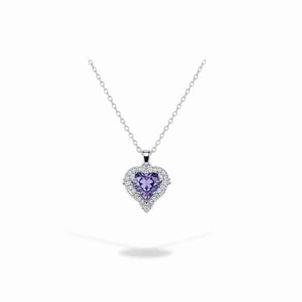 Purple Heart Necklace | Angel Wing Crystal Pendant Silver Jewelry Gift