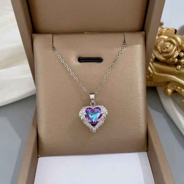 Purple Heart Necklace | Angel Wing Crystal Pendant Silver Jewelry Gift