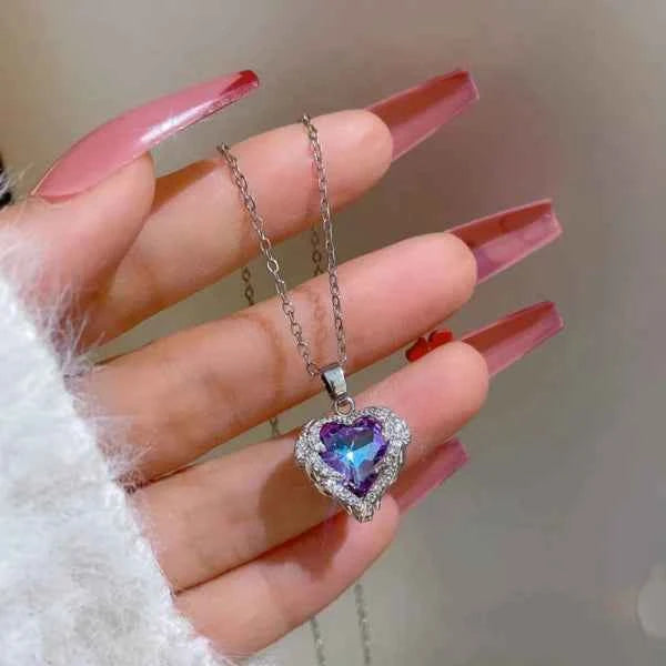 Purple Heart Necklace | Angel Wing Crystal Pendant Silver Jewelry Gift