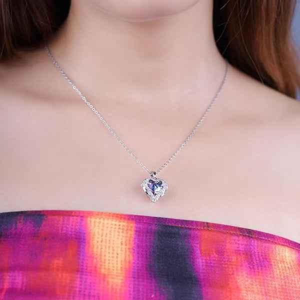 Purple Heart Necklace | Angel Wing Crystal Pendant Silver Jewelry Gift