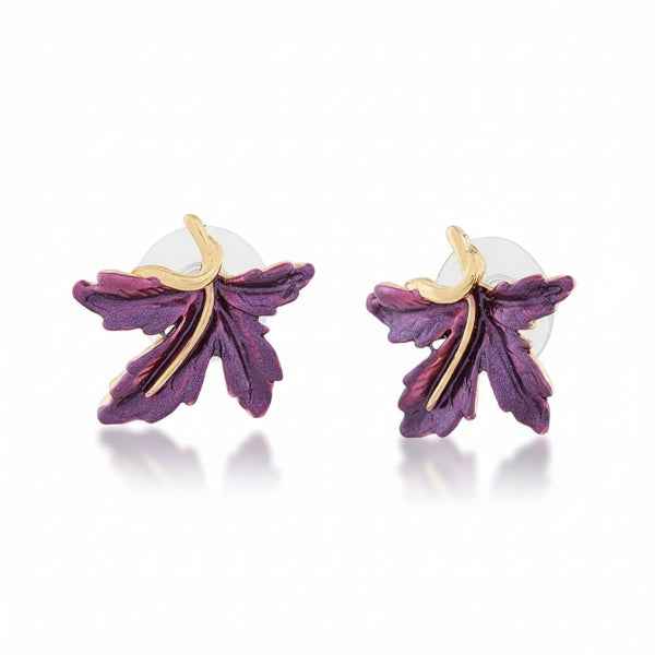 Chic Purple Leaf Stud Earrings – Gold Toned Enamel Maple Style