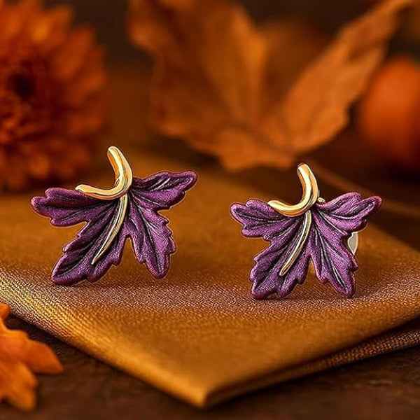 Chic Purple Leaf Stud Earrings – Gold Toned Enamel Maple Style