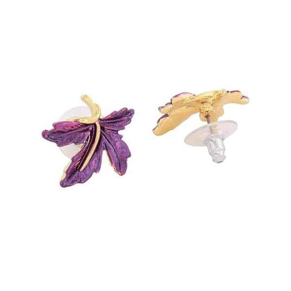 Chic Purple Leaf Stud Earrings – Gold Toned Enamel Maple Style