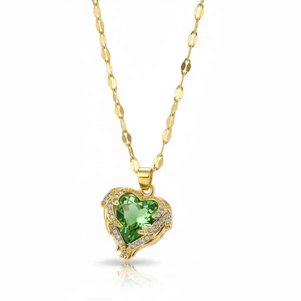 Radiant Green Crystal Heart Necklace | Chic Enchanting Winged Jewelry