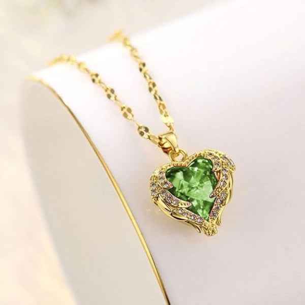 Radiant Green Crystal Heart Necklace | Chic Enchanting Winged Jewelry