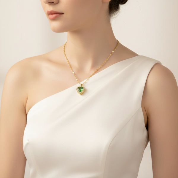 Radiant Green Crystal Heart Necklace | Chic Enchanting Winged Jewelry