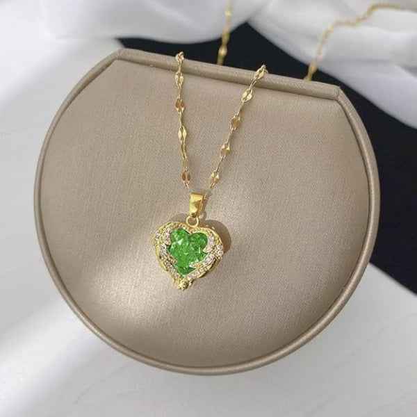 Radiant Green Crystal Heart Necklace | Chic Enchanting Winged Jewelry