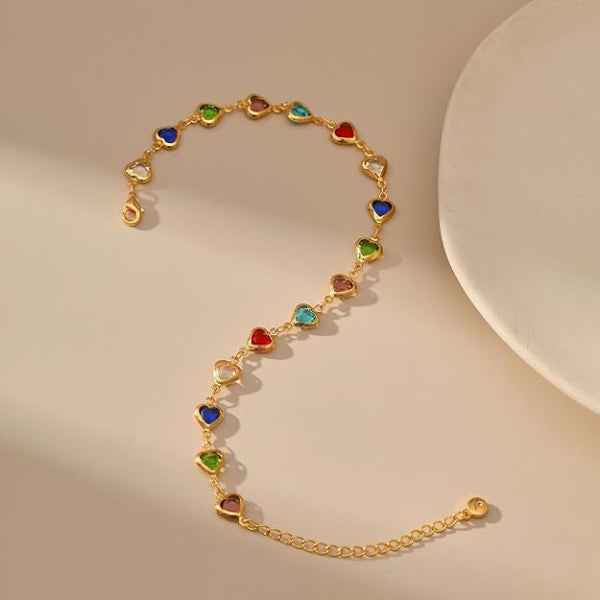 Rainbow Heart Anklet - Colorful Crystal Charm Summer Beach Jewelry