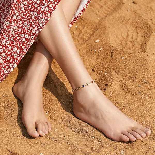 Rainbow Heart Anklet - Colorful Crystal Charm Summer Beach Jewelry