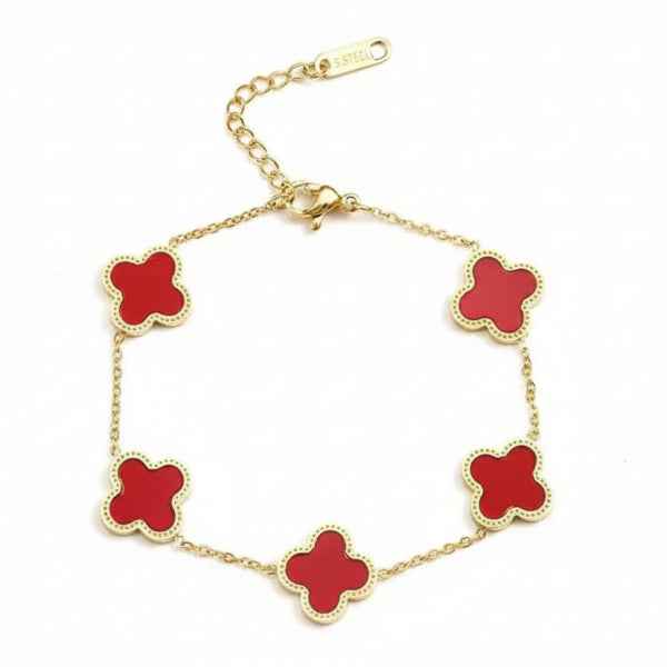 Chic Red Clover Gold Charm Bracelet | Radiant Four-Leaf Luck Jewelry
