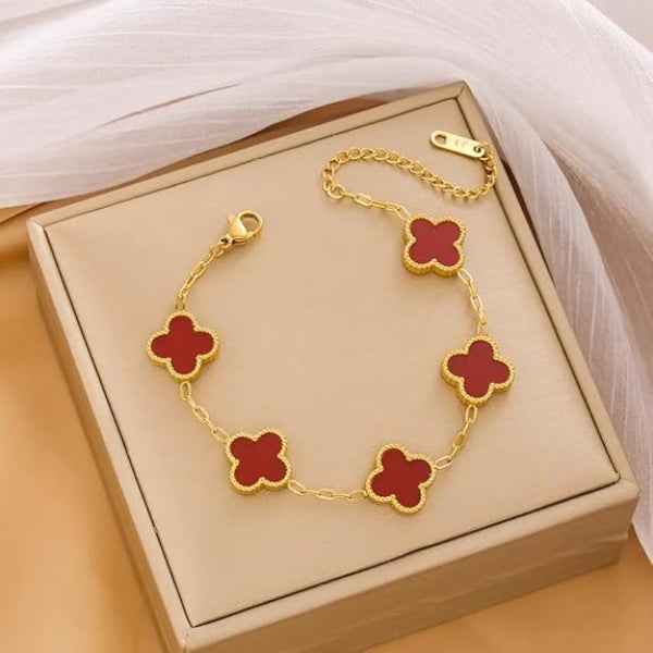 Chic Red Clover Gold Charm Bracelet | Radiant Four-Leaf Luck Jewelry