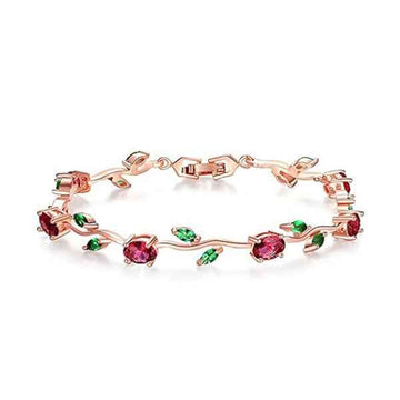 Graceful Red Crystal Rose Vine Bracelet | Floral Gold-Tone Jewelry
