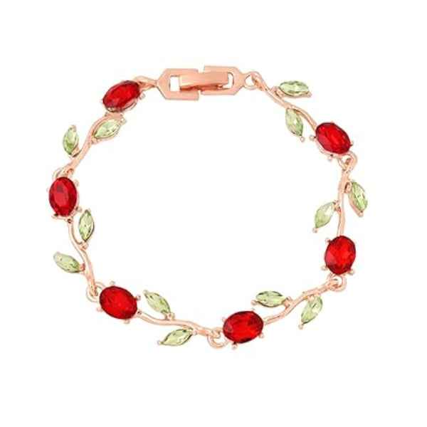 Graceful Red Crystal Rose Vine Bracelet | Floral Gold-Tone Jewelry