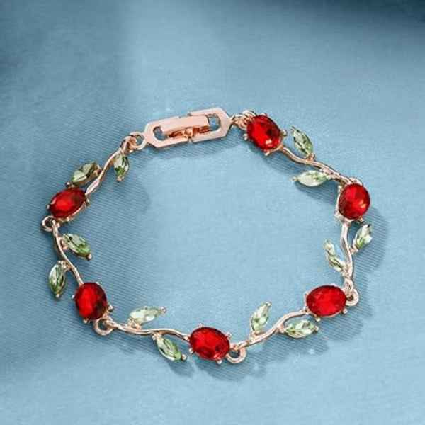 Graceful Red Crystal Rose Vine Bracelet | Floral Gold-Tone Jewelry