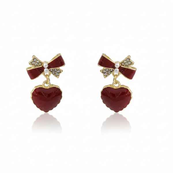 Red Heart Bow Earrings | Dainty Velvet Drop Studs Coquette Jewelry