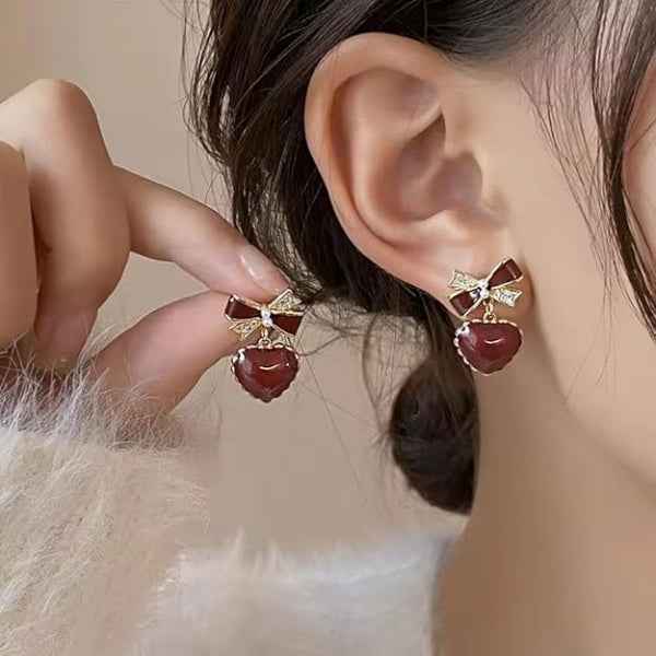 Red Heart Bow Earrings | Dainty Velvet Drop Studs Coquette Jewelry