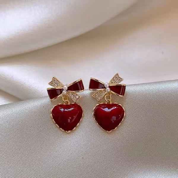 Red Heart Bow Earrings | Dainty Velvet Drop Studs Coquette Jewelry