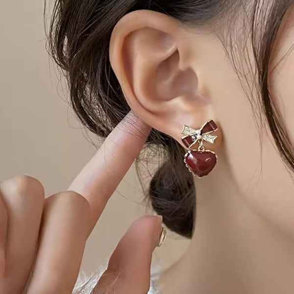 Red Heart Bow Earrings | Dainty Velvet Drop Studs Coquette Jewelry