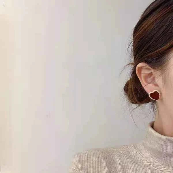 Red Heart Earrings - Gold Enamel Studs & Minimalist Heart Jewelry