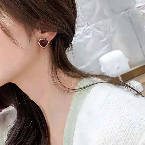 Red Heart Earrings - Gold Enamel Studs & Minimalist Heart Jewelry