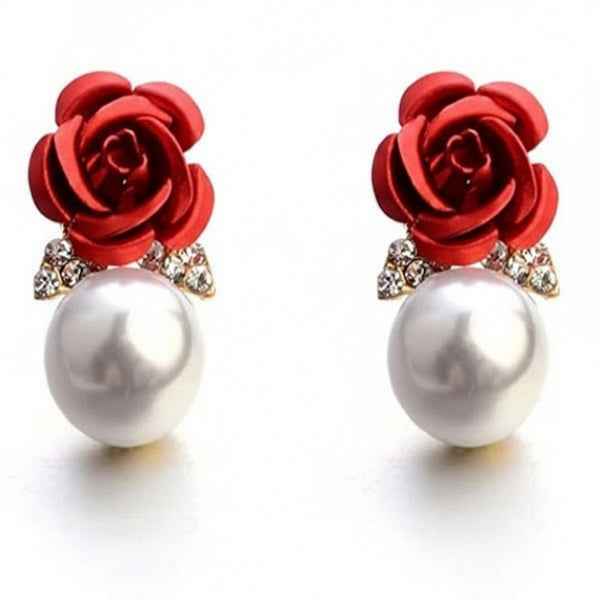 Romantic Red Rose Pearl Drop Earrings | Dangle Stud Jewelry