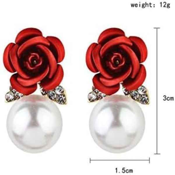 Romantic Red Rose Pearl Drop Earrings | Dangle Stud Jewelry
