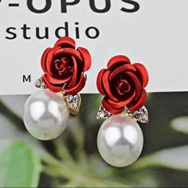 Romantic Red Rose Pearl Drop Earrings | Dangle Stud Jewelry