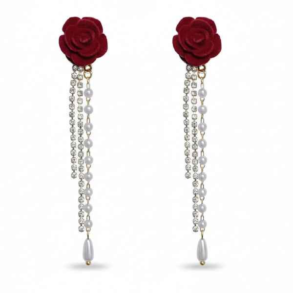 Red Rose Pearl Tassel Earrings | Dainty Floral Crystal Drop Dangles