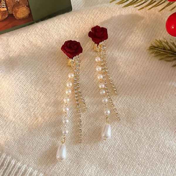 Red Rose Pearl Tassel Earrings | Dainty Floral Crystal Drop Dangles