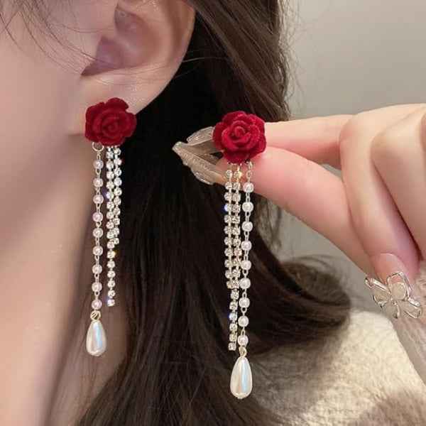 Red Rose Pearl Tassel Earrings | Dainty Floral Crystal Drop Dangles