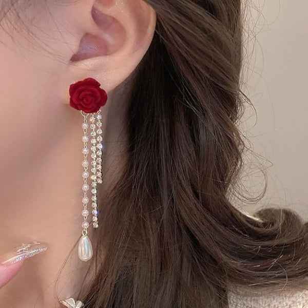 Red Rose Pearl Tassel Earrings | Dainty Floral Crystal Drop Dangles