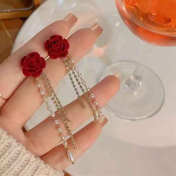 Red Rose Pearl Tassel Earrings | Dainty Floral Crystal Drop Dangles