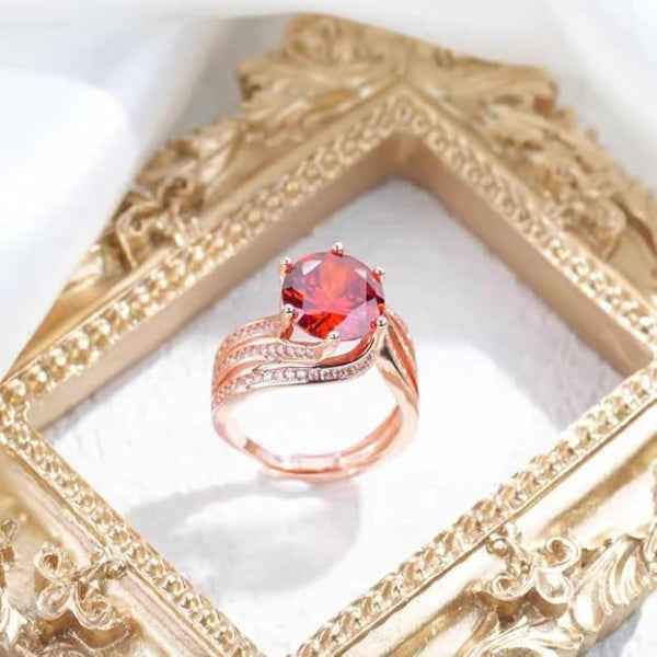 Red Ruby Ring: Crystal Accent Band Adjustable Solitaire Ring Design