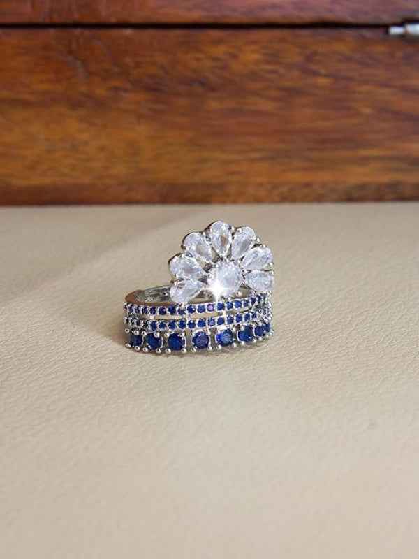 American Diamond Rhodium Plated Blue Adjustable Ring - Statement Band
