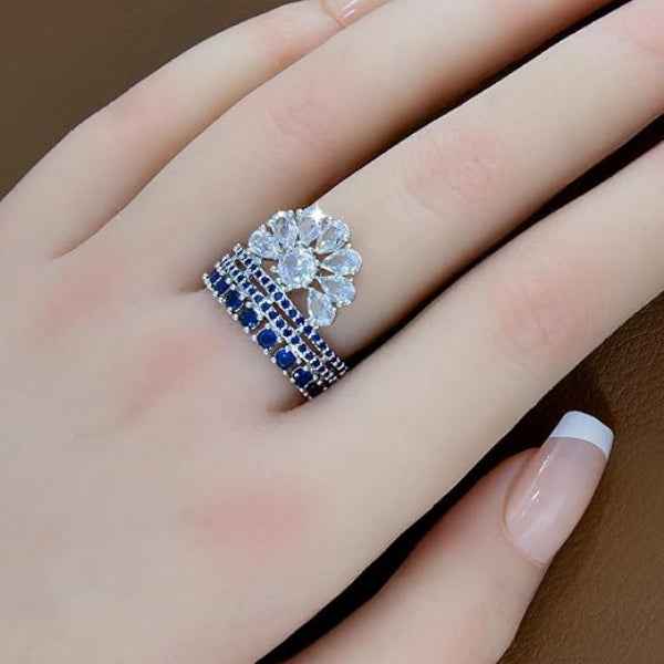 American Diamond Rhodium Plated Blue Adjustable Ring - Statement Band