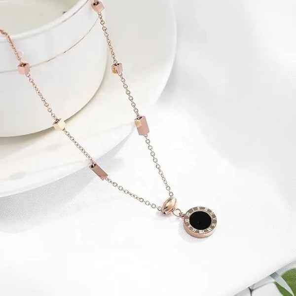 Rose Gold Roman Numeral Necklace | Black Enamel Pendant Jewelry