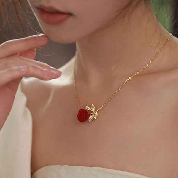 Floral Red Rose Necklace | Vibrant Detailed Gold Floral Jewelry
