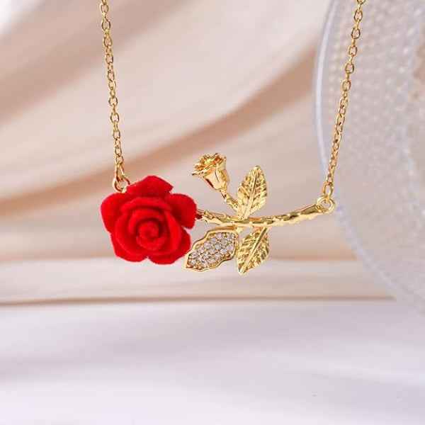 Floral Red Rose Necklace | Vibrant Detailed Gold Floral Jewelry