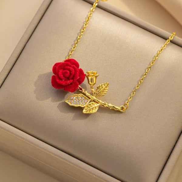 Floral Red Rose Necklace | Vibrant Detailed Gold Floral Jewelry