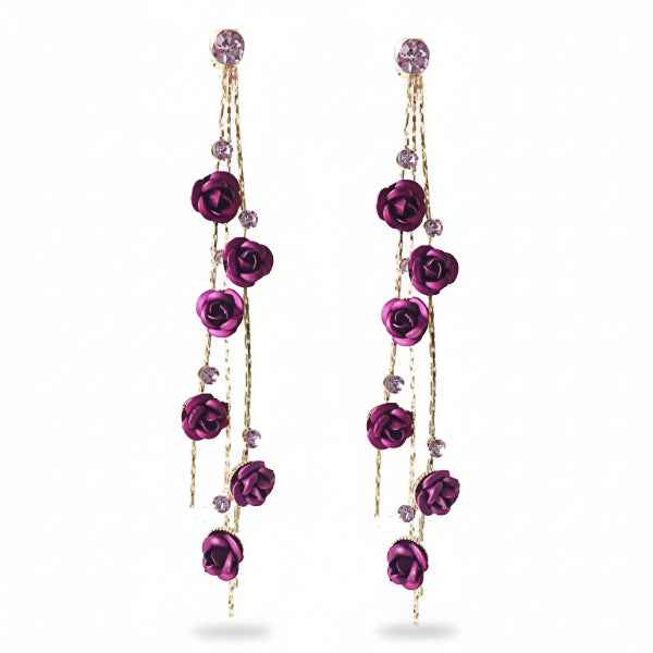 Rose Dangle Earrings: Purple Flower Long Chain Drop Jewelry