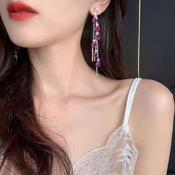 Rose Dangle Earrings: Purple Flower Long Chain Drop Jewelry