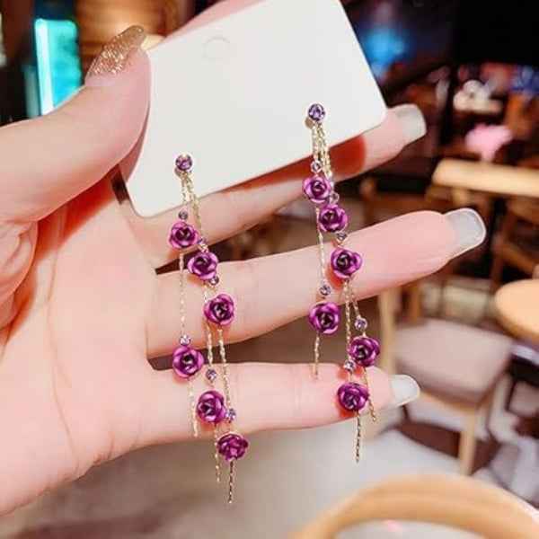 Rose Dangle Earrings: Purple Flower Long Chain Drop Jewelry