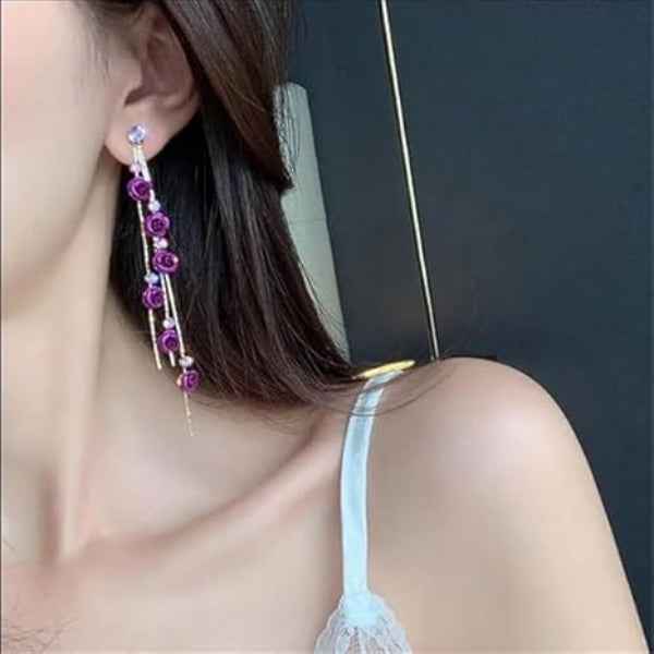 Rose Dangle Earrings: Purple Flower Long Chain Drop Jewelry