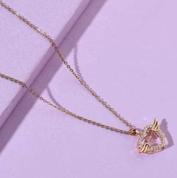 Rose Gold Angel Wing Necklace – Sparkling Heart Pendant Charm