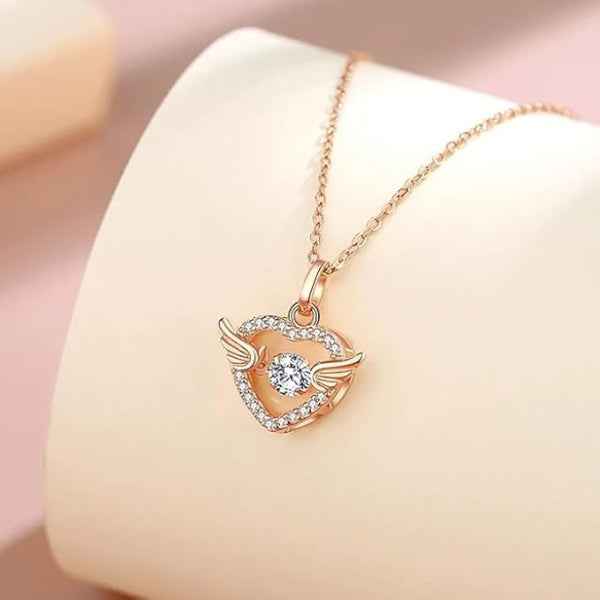 Rose Gold Angel Wing Necklace – Sparkling Heart Pendant Charm