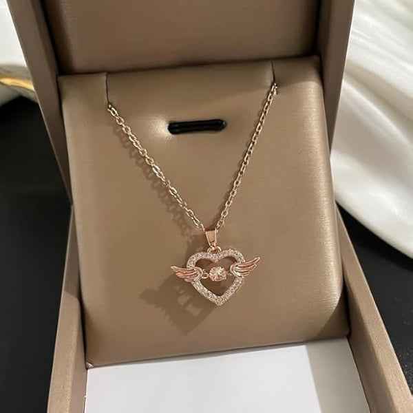 Rose Gold Angel Wing Necklace – Sparkling Heart Pendant Charm